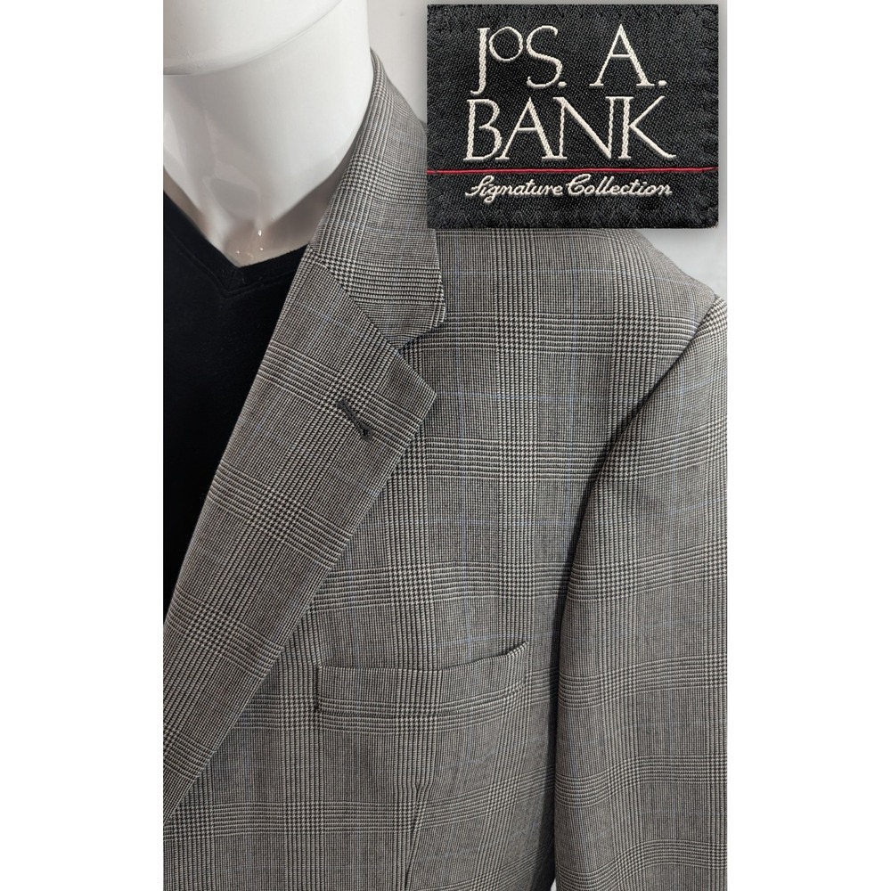 Jos. A. Bank Blazer Coat Suit Jacket 100%‎ Wool Glenn Check Plaid 46R 48"  Gray